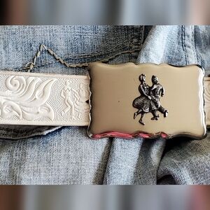 White Tooled Leather Belt with Silver Dancing Couple Buckle